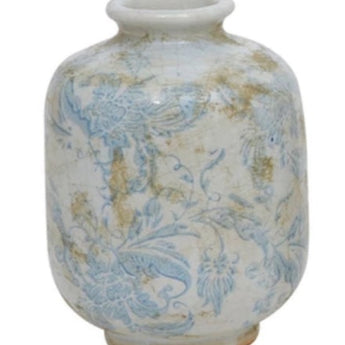 Stoneware vase with cream background and light blue design