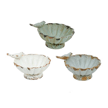 Distressed pewter bowls with birds in mint, white, and grey