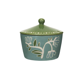 Green Stoneware Floral Canister