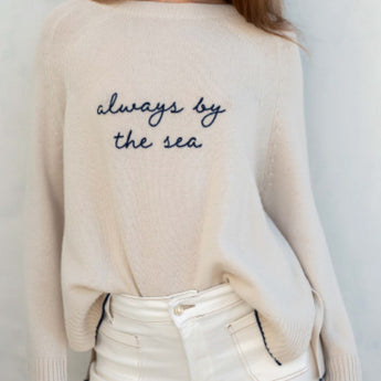 Mersea Always By The Sea Cream Sweater with navy lettering
