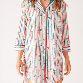 Cream button down nightshirt with blue and red ribbons
