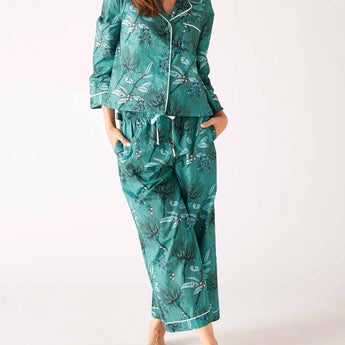 Green floral cotton pajama top and bottom set