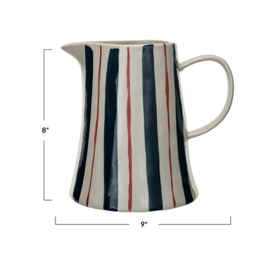 navy, cream, and red striped 2 quart stoneware pitcher