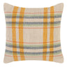 Plaid patterned pillow with yellow and blue stripes on a beige background