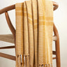 Yellow plaid blanket with tassels draped over a wooden chair against a white background