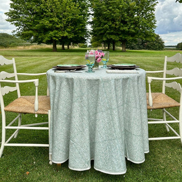Pomegranate India Hicks Seashell Seafoam 90" Round Tablecloth. Available at Welcome Home Annapolis