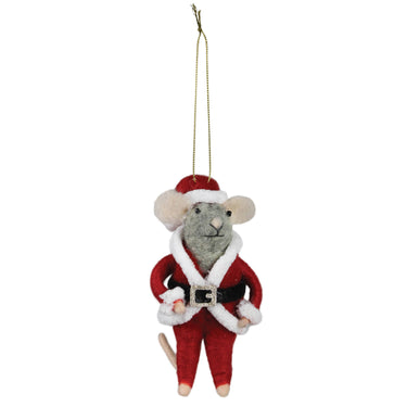 Decorative mouse ornament dressed as Santa Claus on a white background