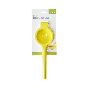 Yellow lemon juice press on a white background with 'true' branding.