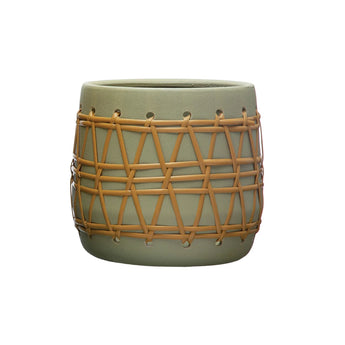 Stoneware Planter w/ Weaving, Matte Celery Color