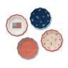 Rifle Paper Co. - Americana Melamine Assorted Dessert Plates, Set of 4. Designs feature floral American flag, red gingam, cherries, and hydrangeas.