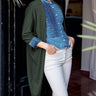 Chelsea Kimono One Size in Olive. Model has paired the kimono with white pants and a denim top