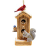 Glass bird feeder ornament with cardinal and squirrel.