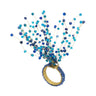 Decorative arrangement with blue and gold beads on a white background