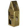 A small decorative house-shaped object with a metallic gold finish, featuring cutout windows and an arched doorway, shown against a plain white background.