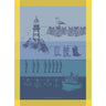 Blue lighthouse fish boat seagull tea towel