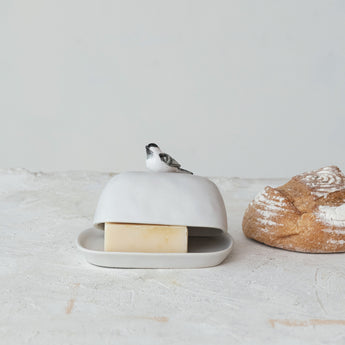 Stoneware Butter Dish w/ Bird Knob