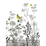 A linen blend kitchen towel with a print of black and grey botanical sketches, yellow birds, and butterflies.