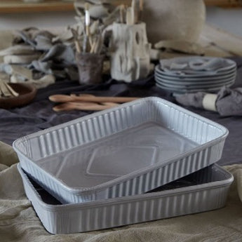 Rectangular white ceramic baking dish with ridges