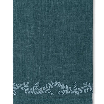 Peacock blue linen napkin with floral vine embroidery