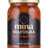A jar of Mina Shakshuka Moroccan Tomato Sauce with the label visible, showing the product name and net weight of 16 oz (1 Lb 1 Oz) 350g.