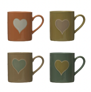 14 oz. Handmade Stoneware Mug with Hearts, 4 Colors