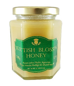 Scottish blossom honey jar with green label