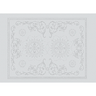 A white cotton placemat with a floral and geometric pattern, featuring intricate detailing and a scalloped edge.